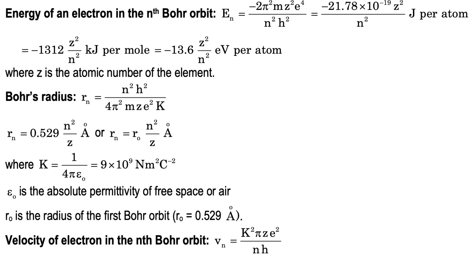 formula of energy of nth orbit