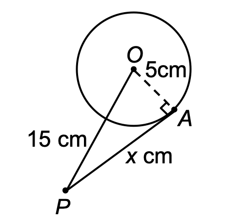 diagram showing a circle with center O, radius 5 cm to point A on the circle, point P