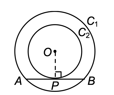 two concentric circles with center O, where C2 is the smaller inner circle and C1