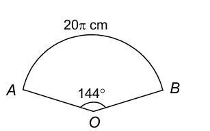 Sector diagram showing arc AB = 20π cm with angle 144° at center O