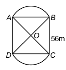 Square ABCD with side 56m showing two circular flowerbeds with center O at diagonal intersection