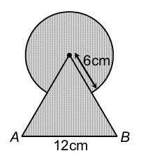 Equilateral triangle OAB with side 12cm and circular arc of radius 6cm from vertex O