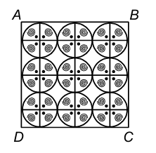 Square ABCD with 9 circular designs arranged in 3×3 grid, each radius 7 cm