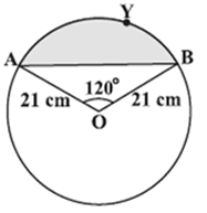 Circle diagram showing segment AYB with radius 21 cm and central angle 120° at O