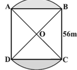 Square ABCD with side 56m showing circular flower beds with center O