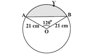 Circle with segment AYB, radius 21 cm, central angle 120°