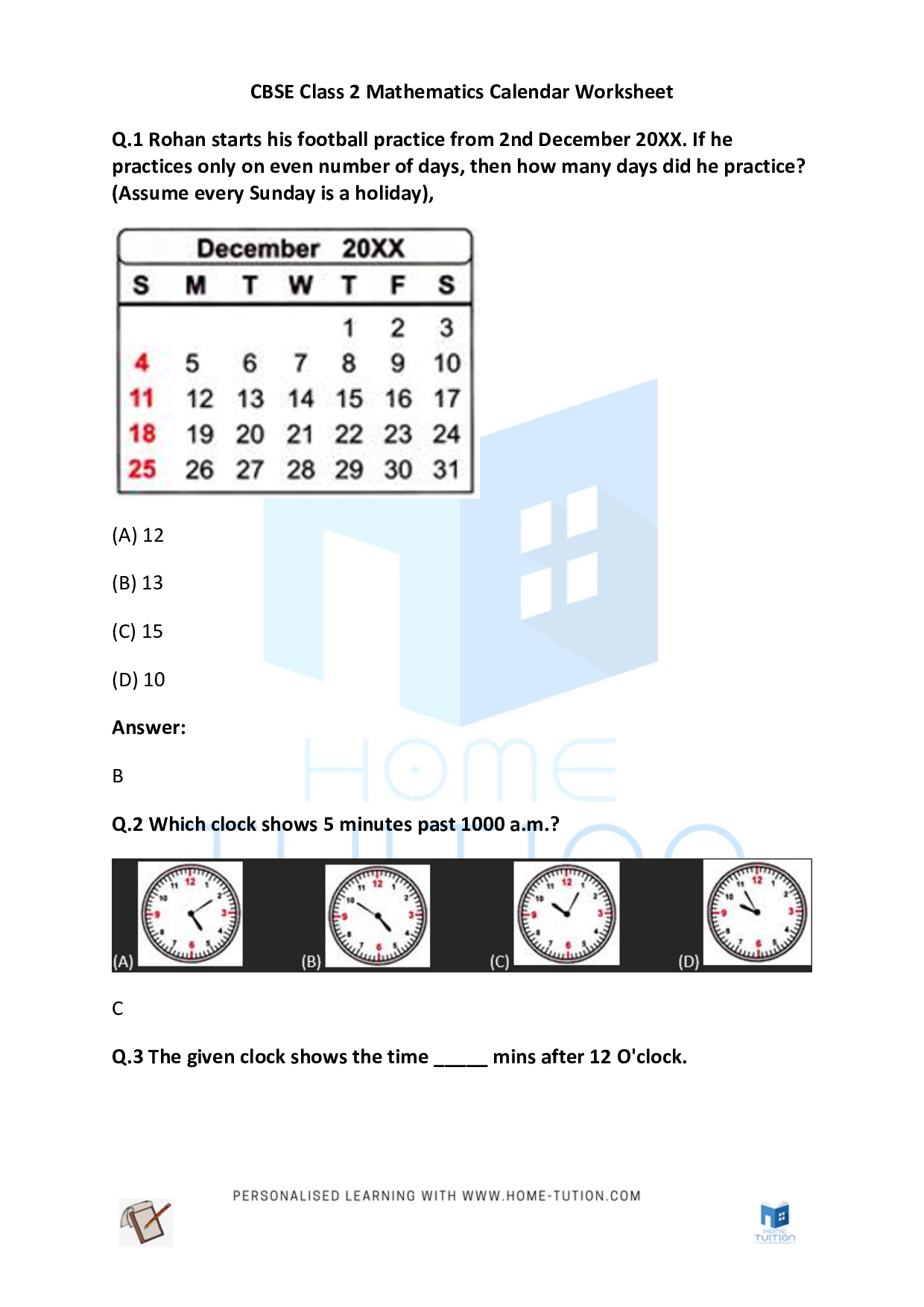 CBSE Class 2 Maths Calendar Worksheets Download Free Printable PDF