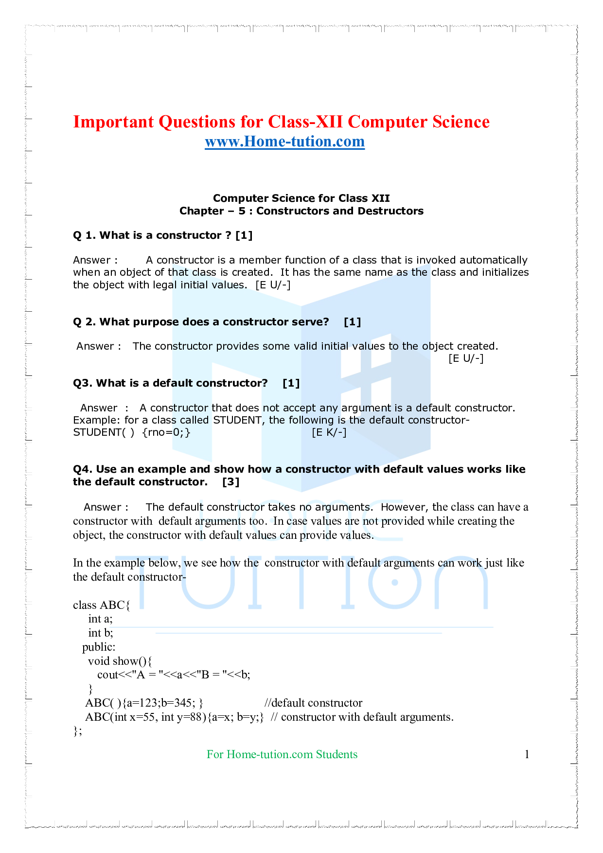 CBSE Questions for Chapter-Constructor and Destructor