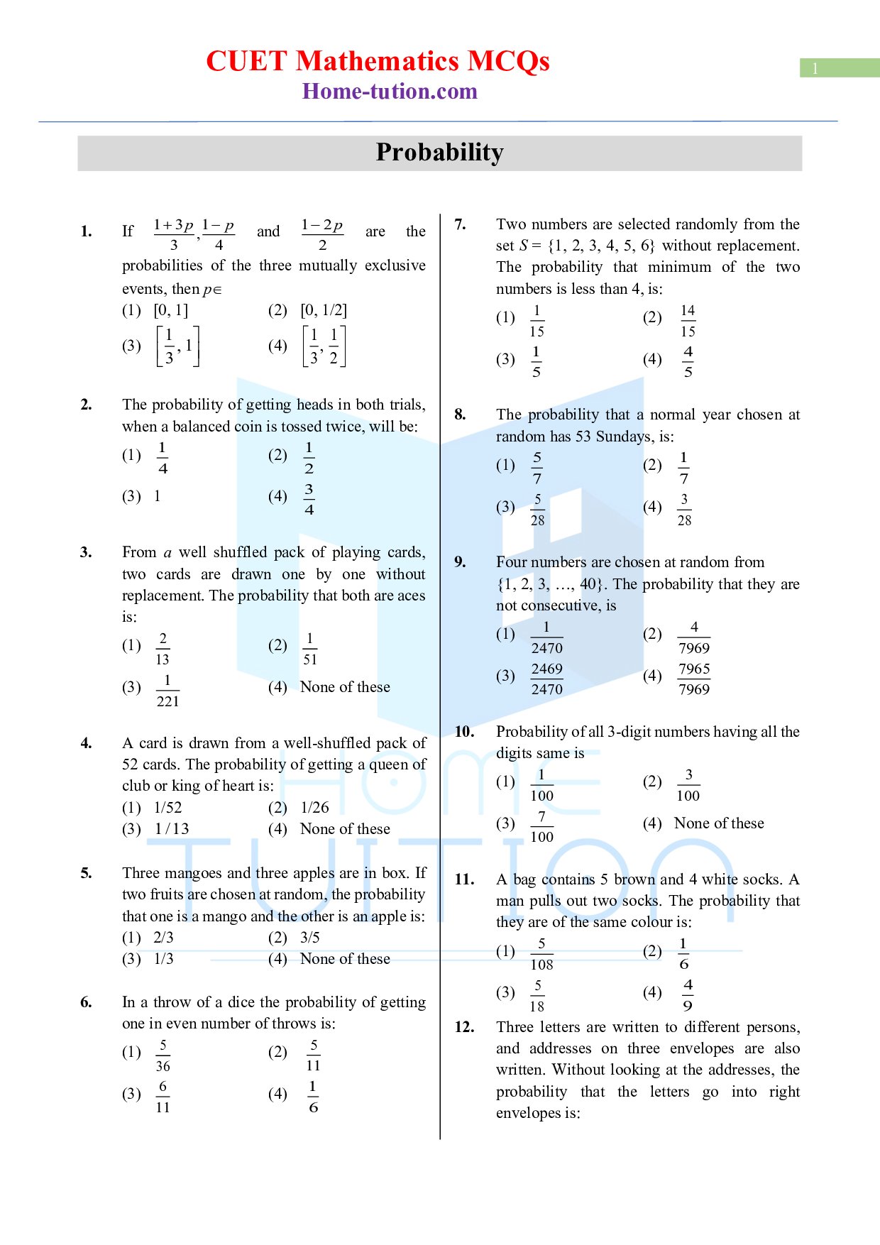 CUET MCQ Questions For Maths Chapter-12 Probability