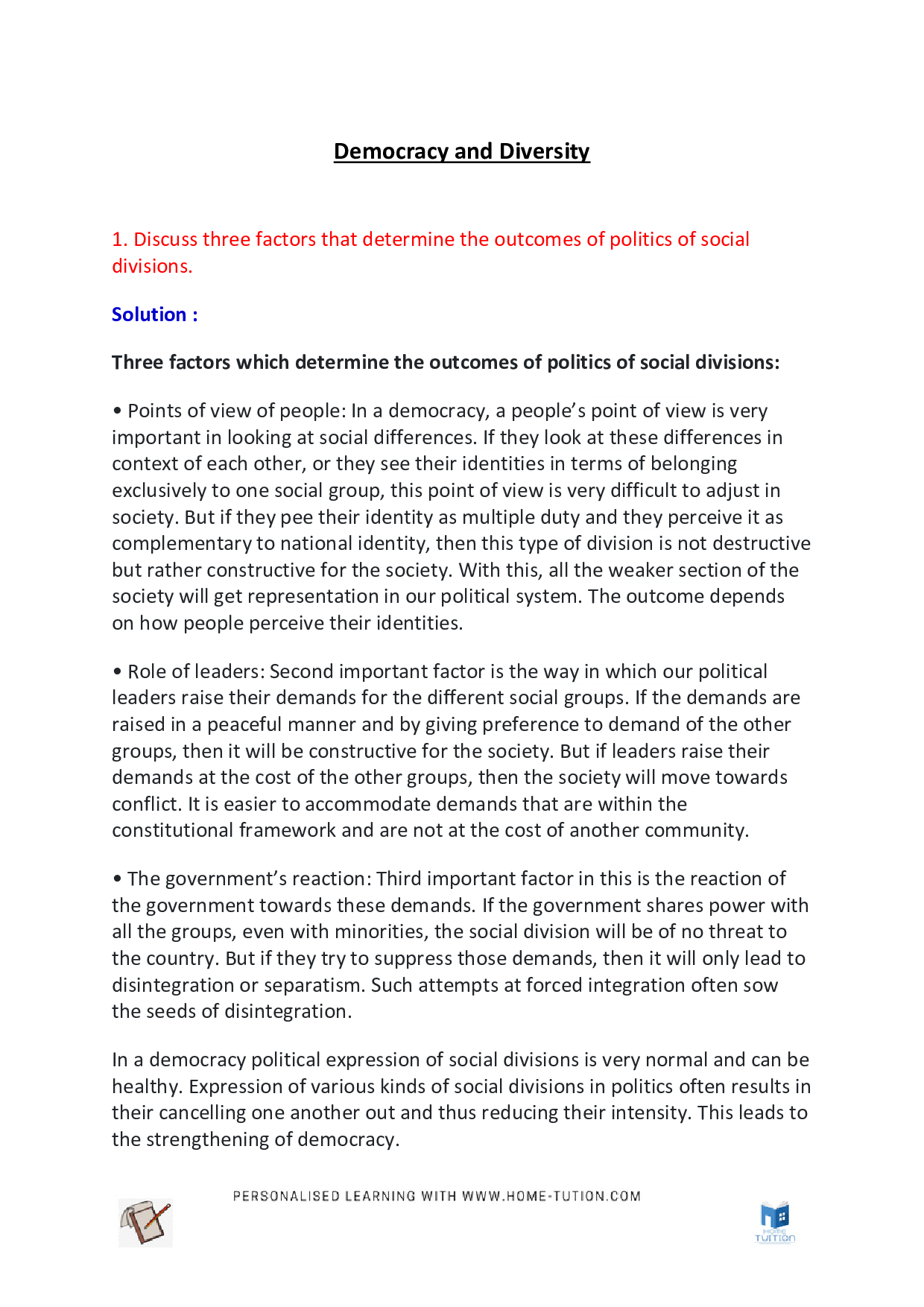 Class 10 Political Science Chapter 3: Democracy and Diversity