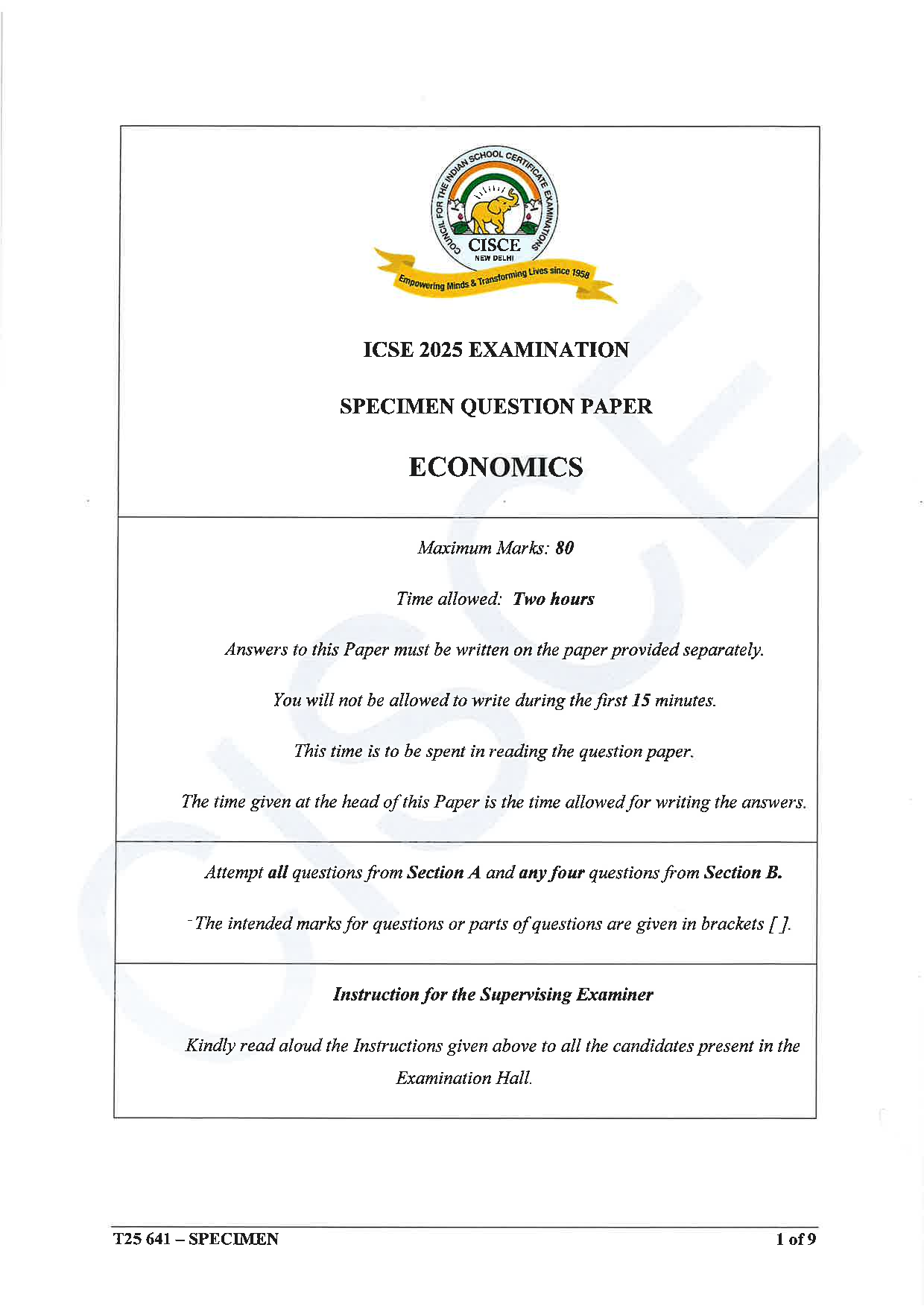 ICSE Board Sample Paper for class 10 Economics