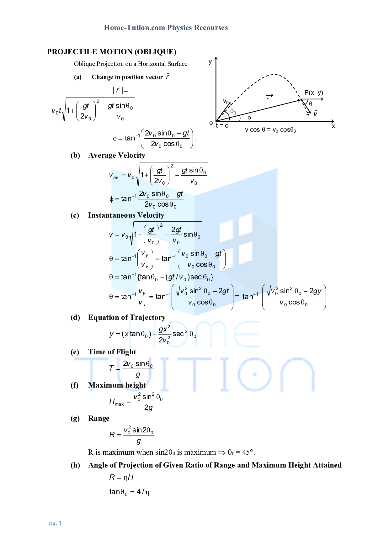 Formula for projectile motion