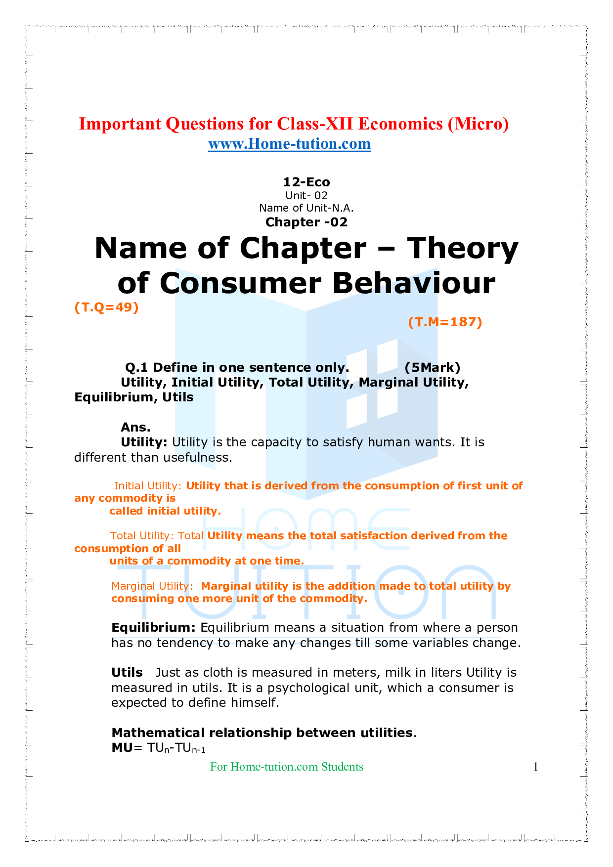 Chapter-2 Theory of Consumer Behaviour Questions