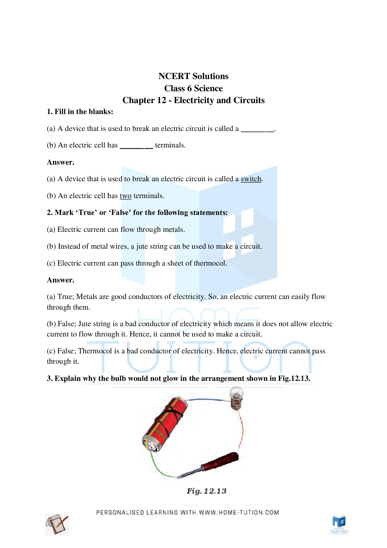 Class 6 Science Chapter 12 Electricity and Circuits