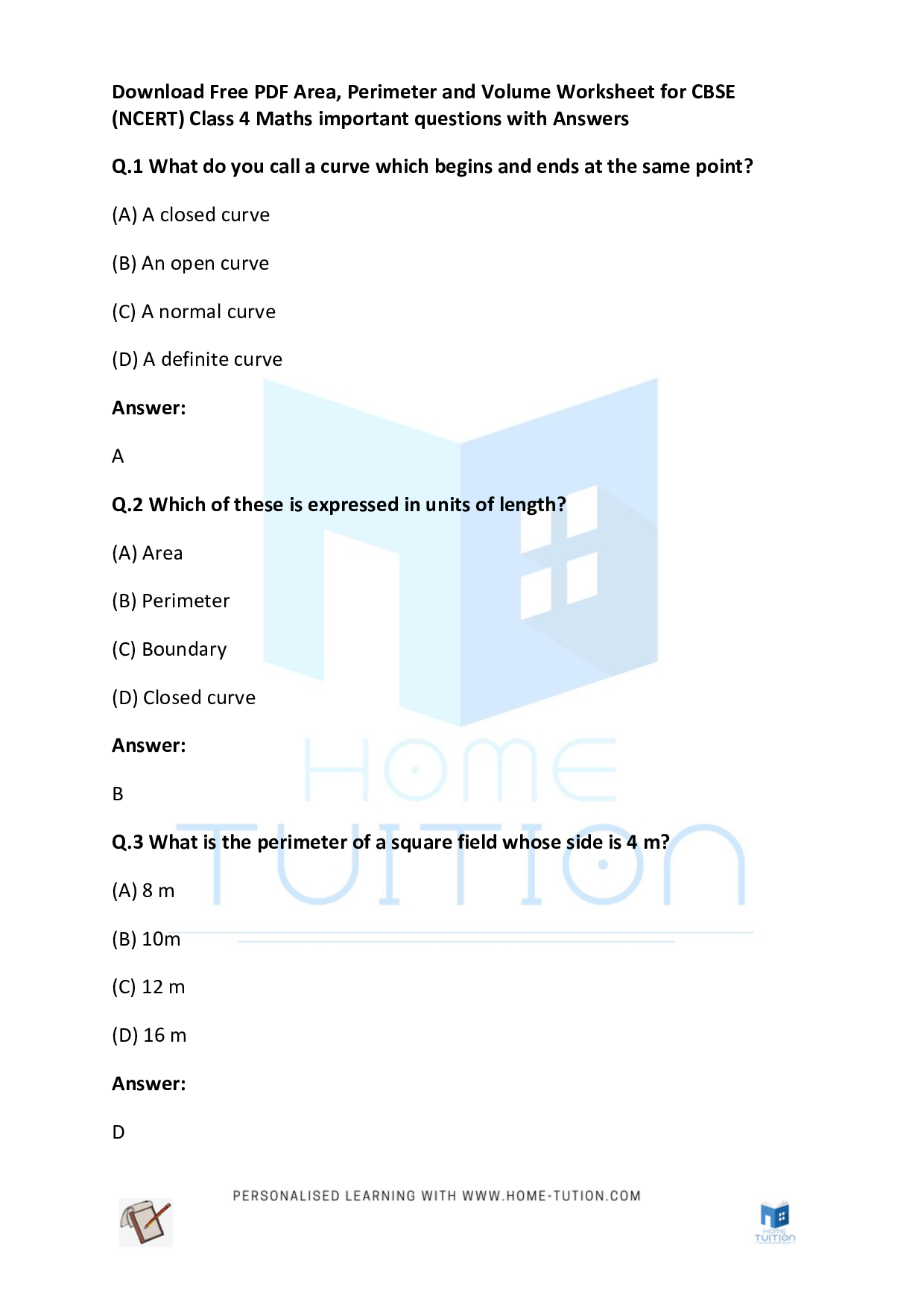 CBSE (NCERT) Class 4 Maths Area Perimeter and Volume Worksheet Questions with Answers 