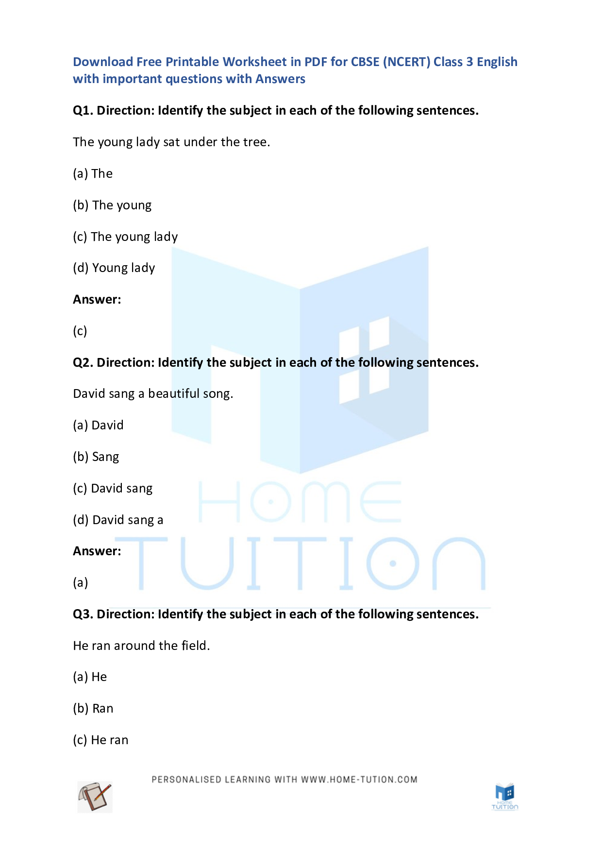 CBSE Class 3 English, English Sentences Worksheet with Answers - Download Free Printable PDF