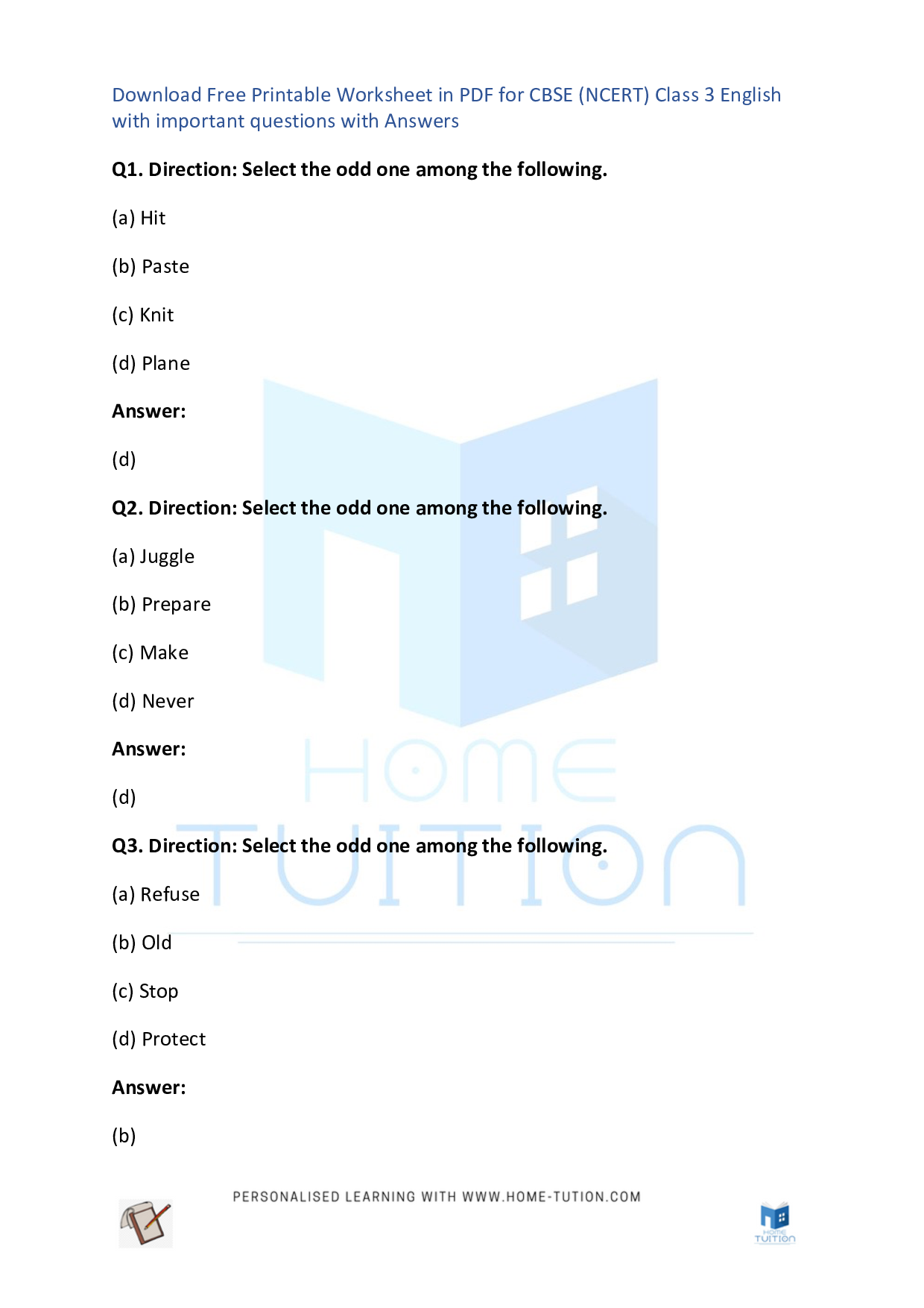 CBSE Class 3 English Verbs Worksheet Download Free PDF Home Tution