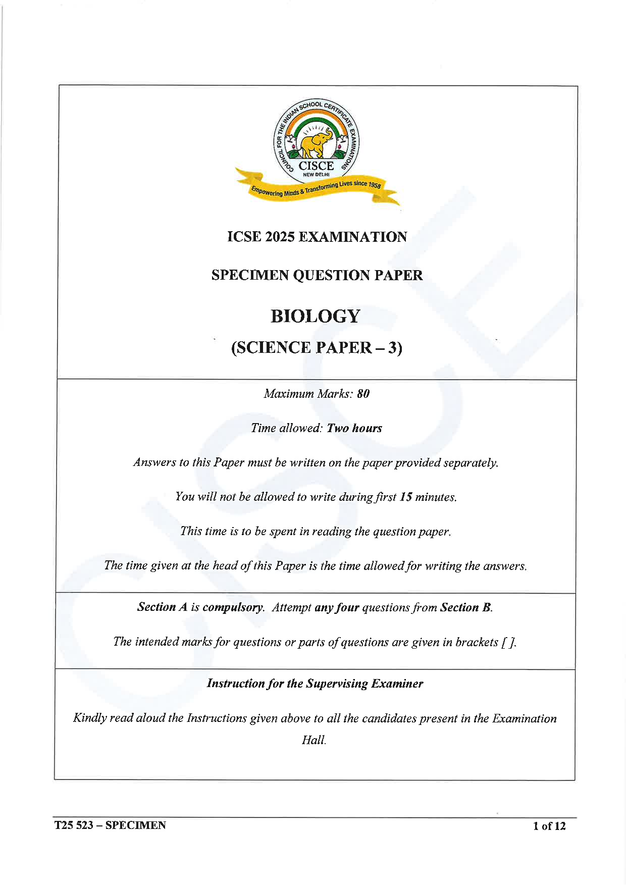 ICSE Board Sample Paper for class 10 Biology