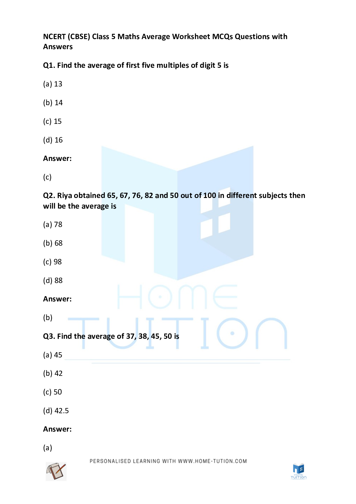CBSE Class 5 Maths Average Worksheet with Answers PDF 