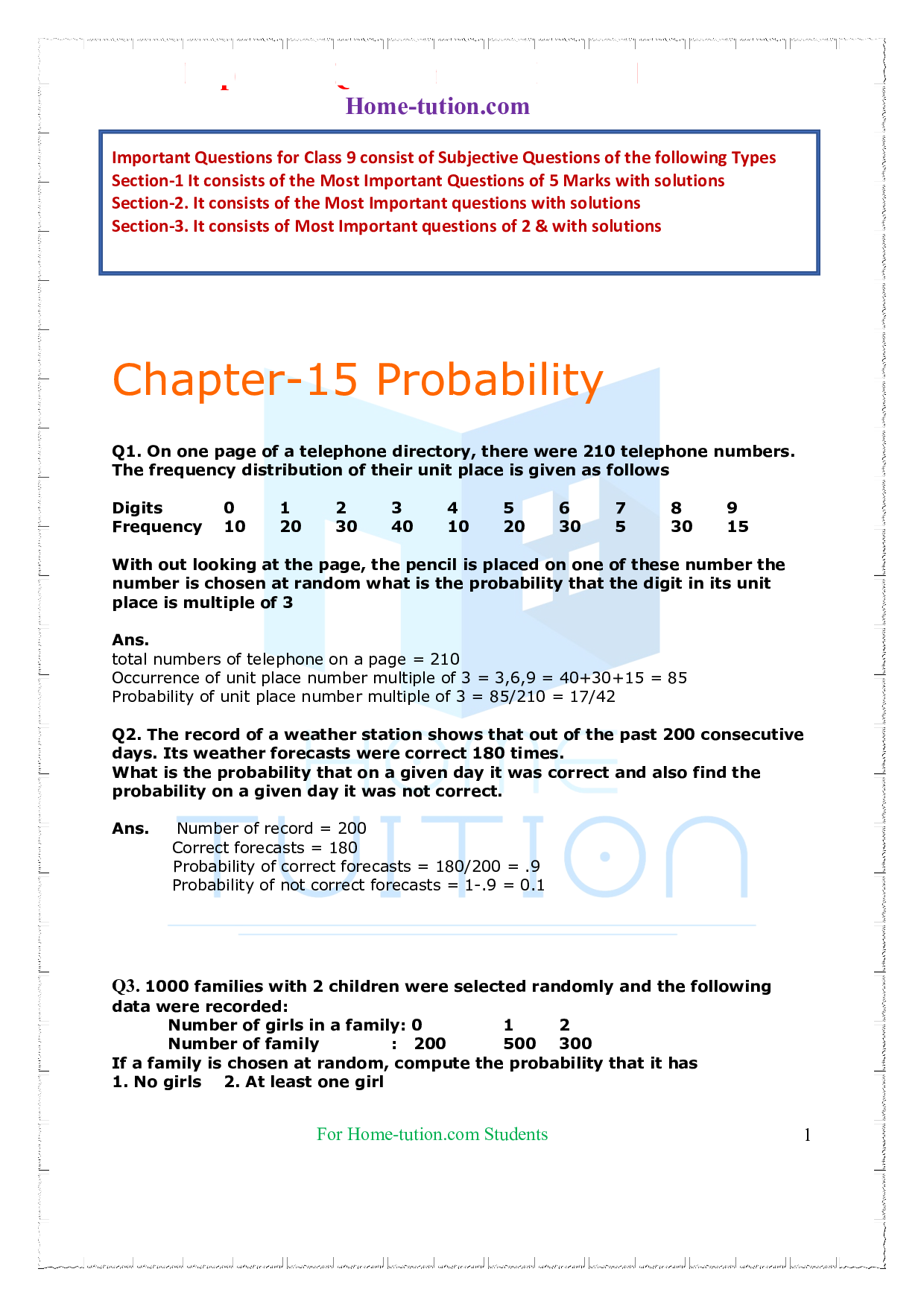 Questions for Class 9 Maths Chapter 15 ProbabilityF