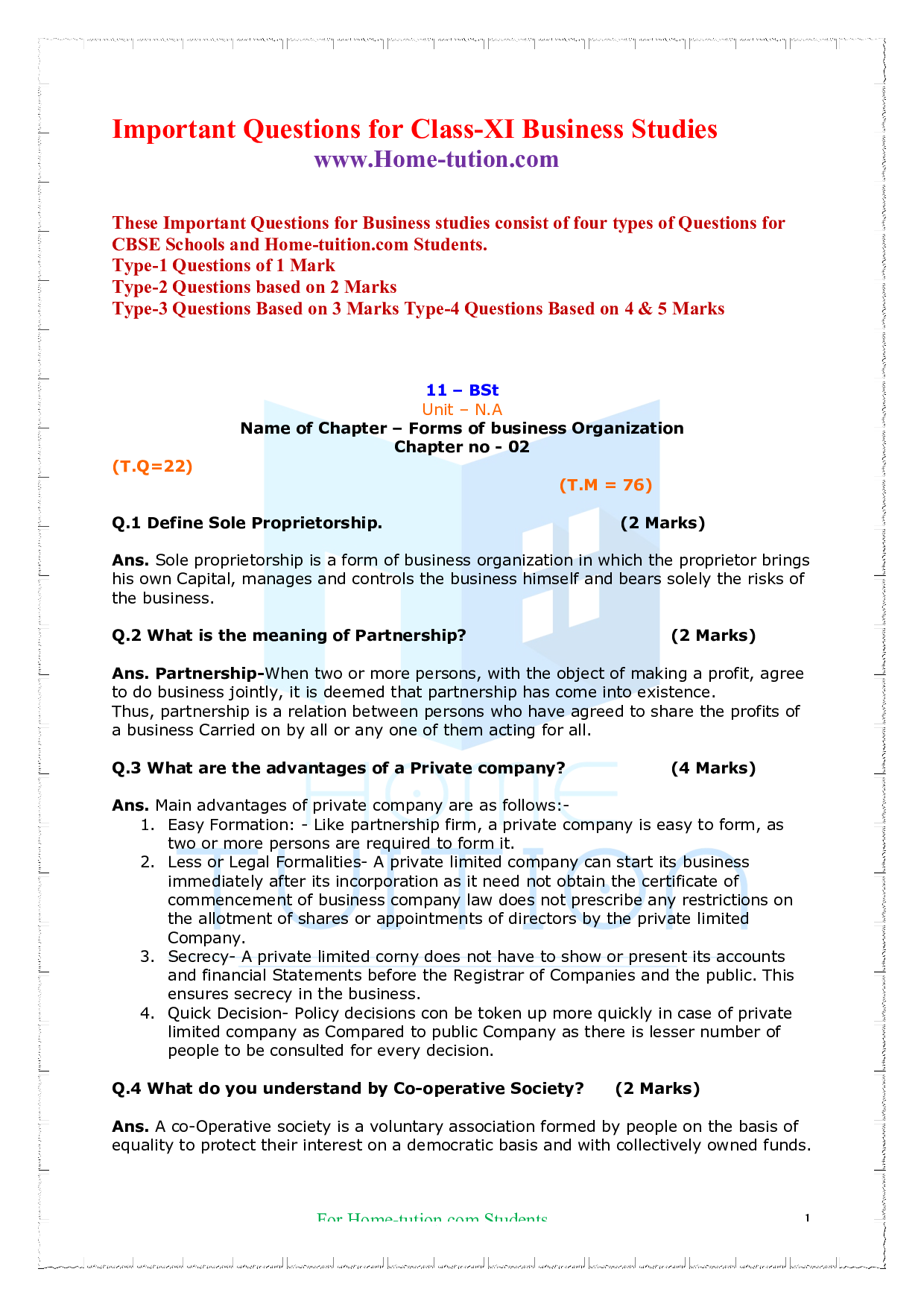 case study questions on forms of business organisation class 11