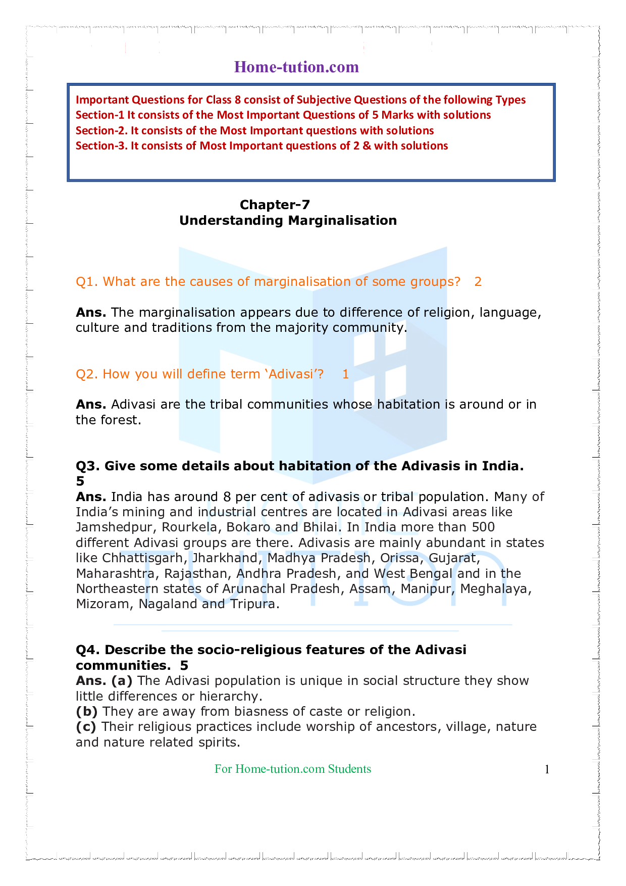 Important Questions on Class 8 Political Science (Civics) Chapter 7 Understanding Marginalisation