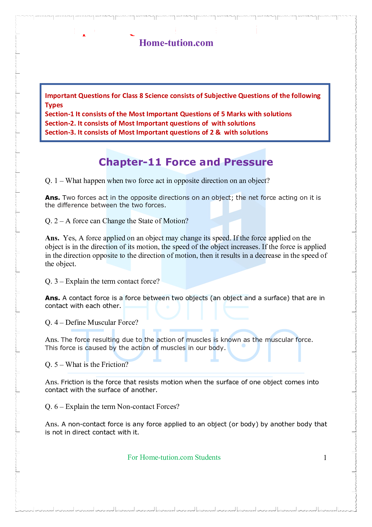 Important Questions for Chapter -11 Force and Pressure