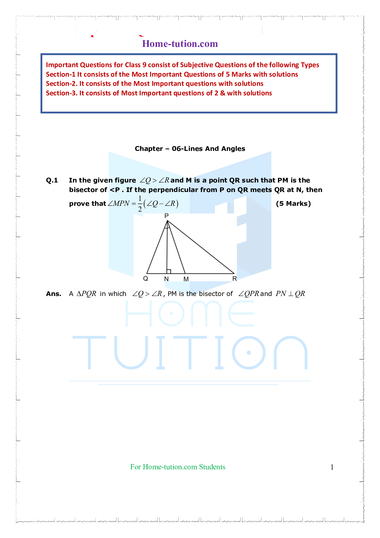 Questions for Class 9 Maths Chapter 6 Lines and Angles