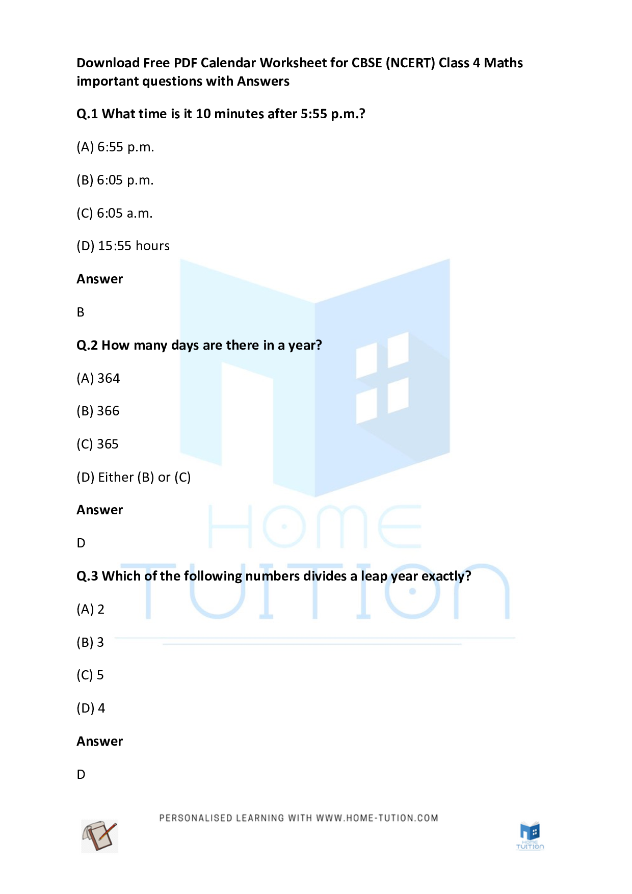 CBSE (NCERT) Class 4 Maths Calendar Worksheet Questions with Answers 