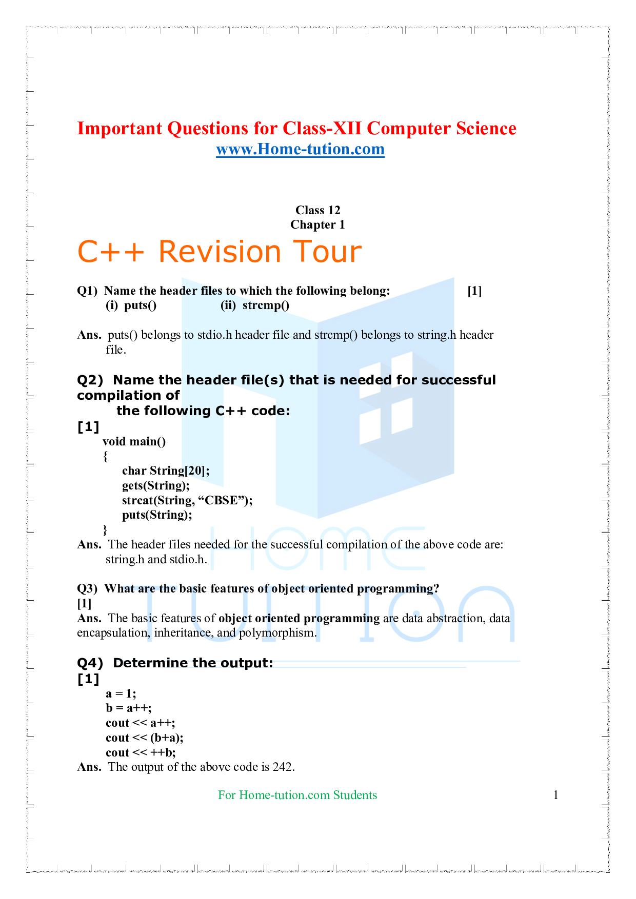 CBSE Questions for Chapter-C++ Revision Tour