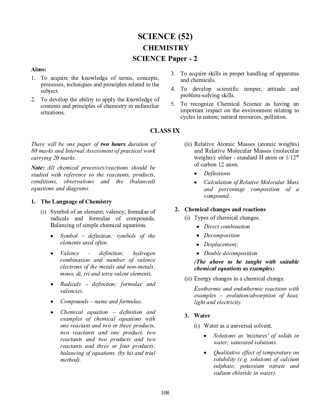 ICSE Board Class 9 Syllabus for Chemistry