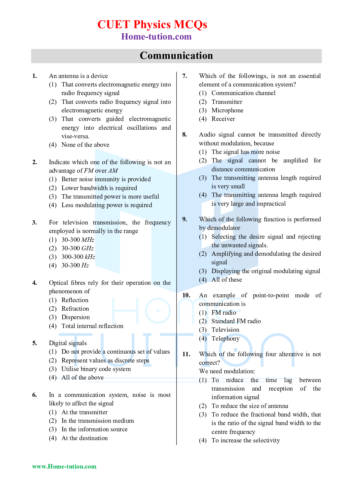 CUET MCQ Questions For Physics Chapter-15 Communication