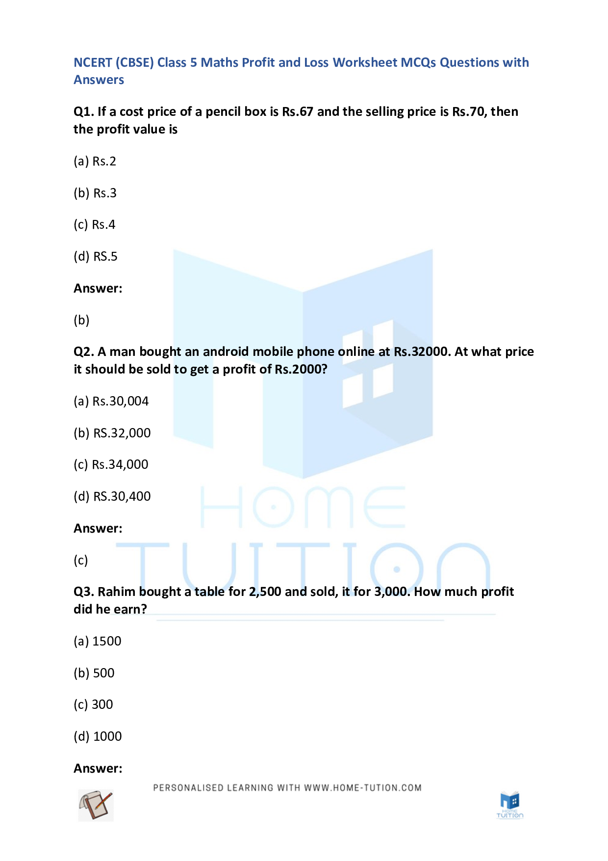 CBSE Class 5 Maths Profit And Loss NCERT Worksheet Free PDF Home Tution