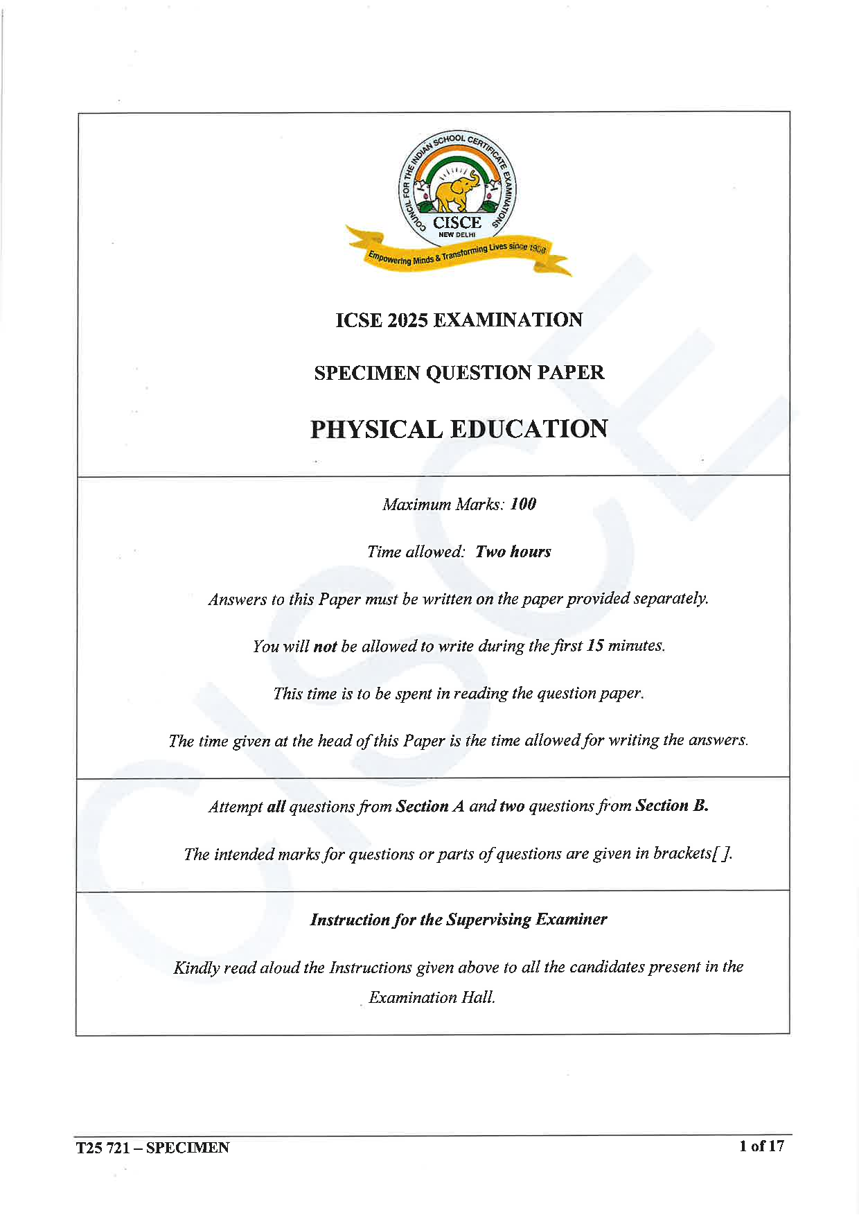 ICSE Board Sample Paper for class 10 Physical Education