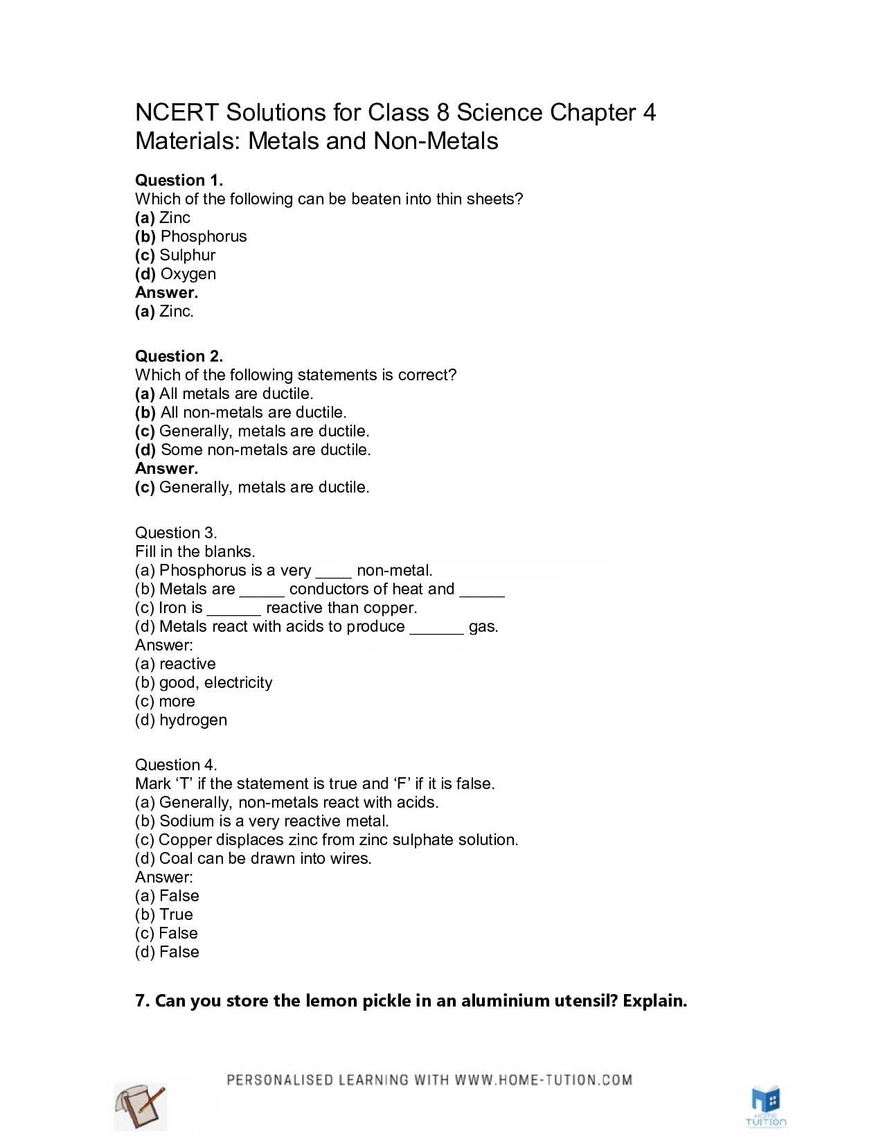 Class 8 Science Chapter 4 Materials: Metals and Non-Metals