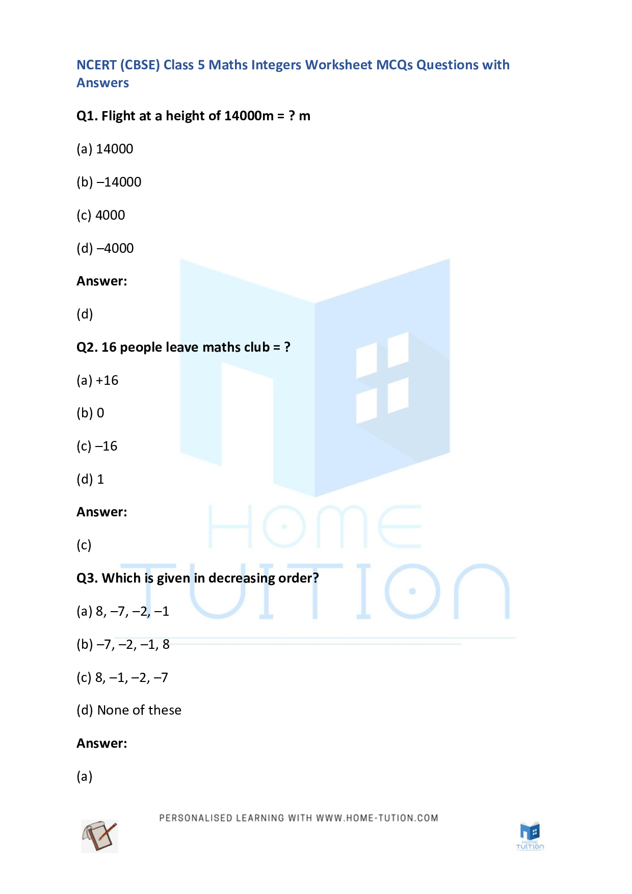 CBSE Class 5 Maths Integers Worksheet Free PDF Home Tution