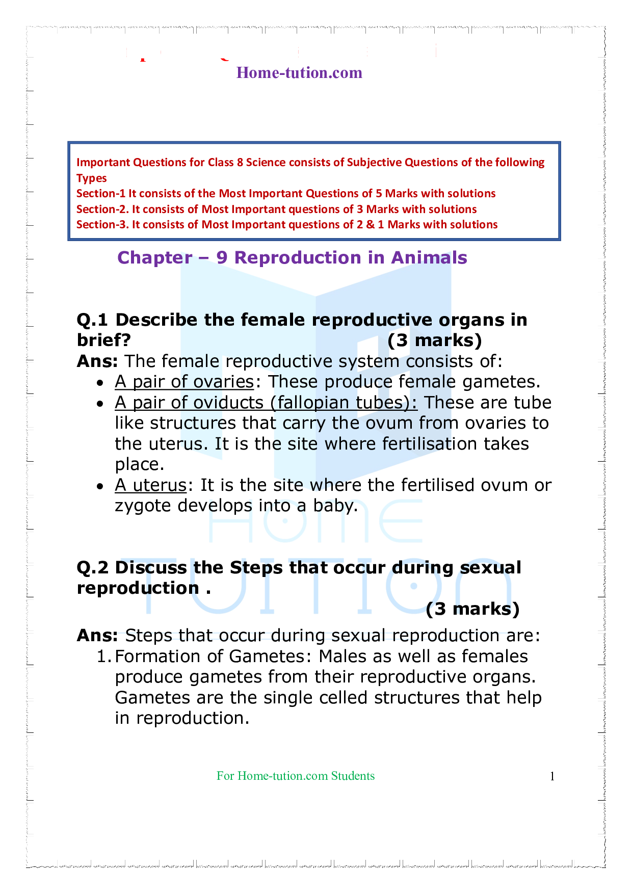 Important Questions for Chapter -9 Reproduction in Animals
