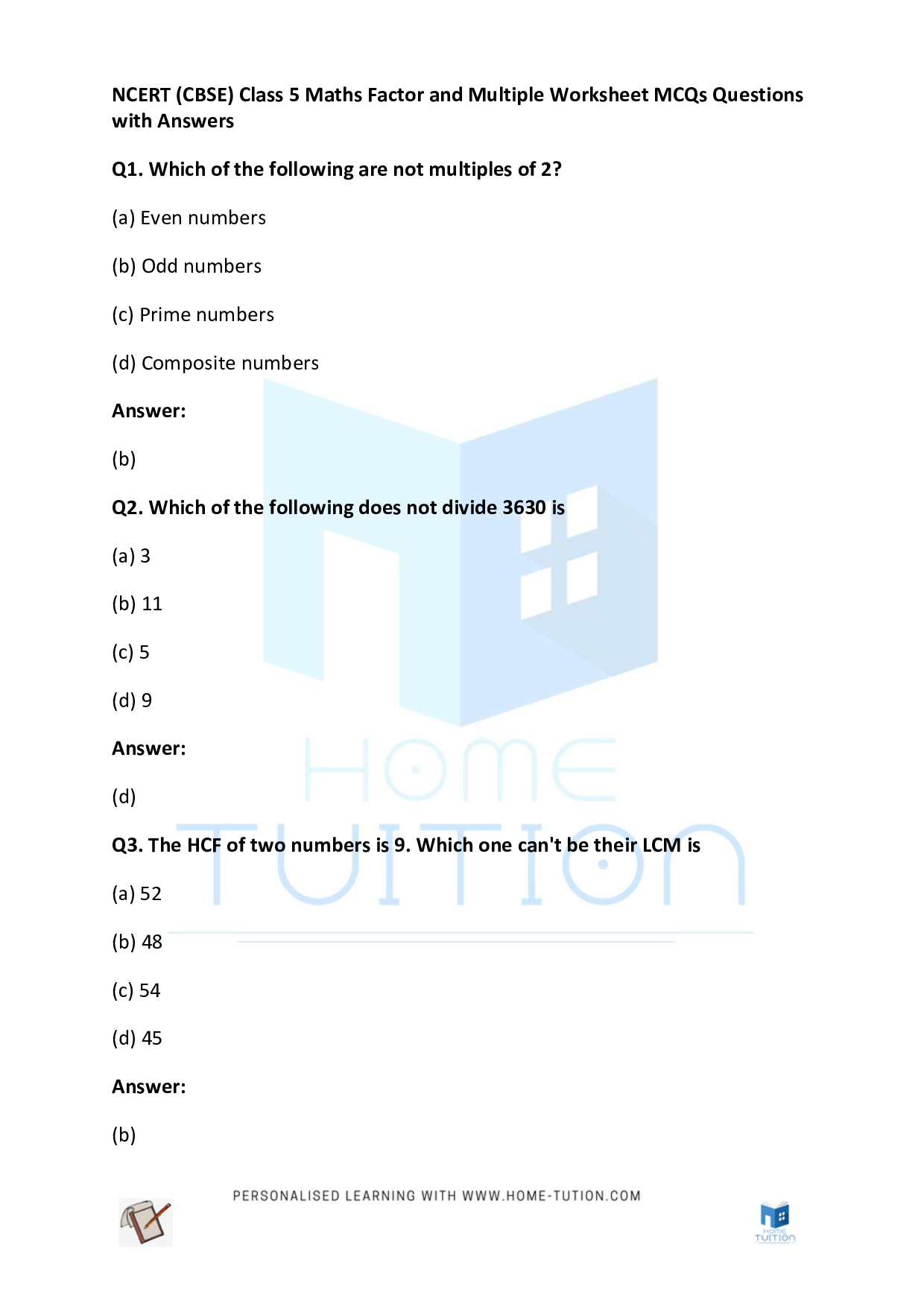 CBSE Class 5 Maths Factor and Multiple Worksheet with Answers PDF 