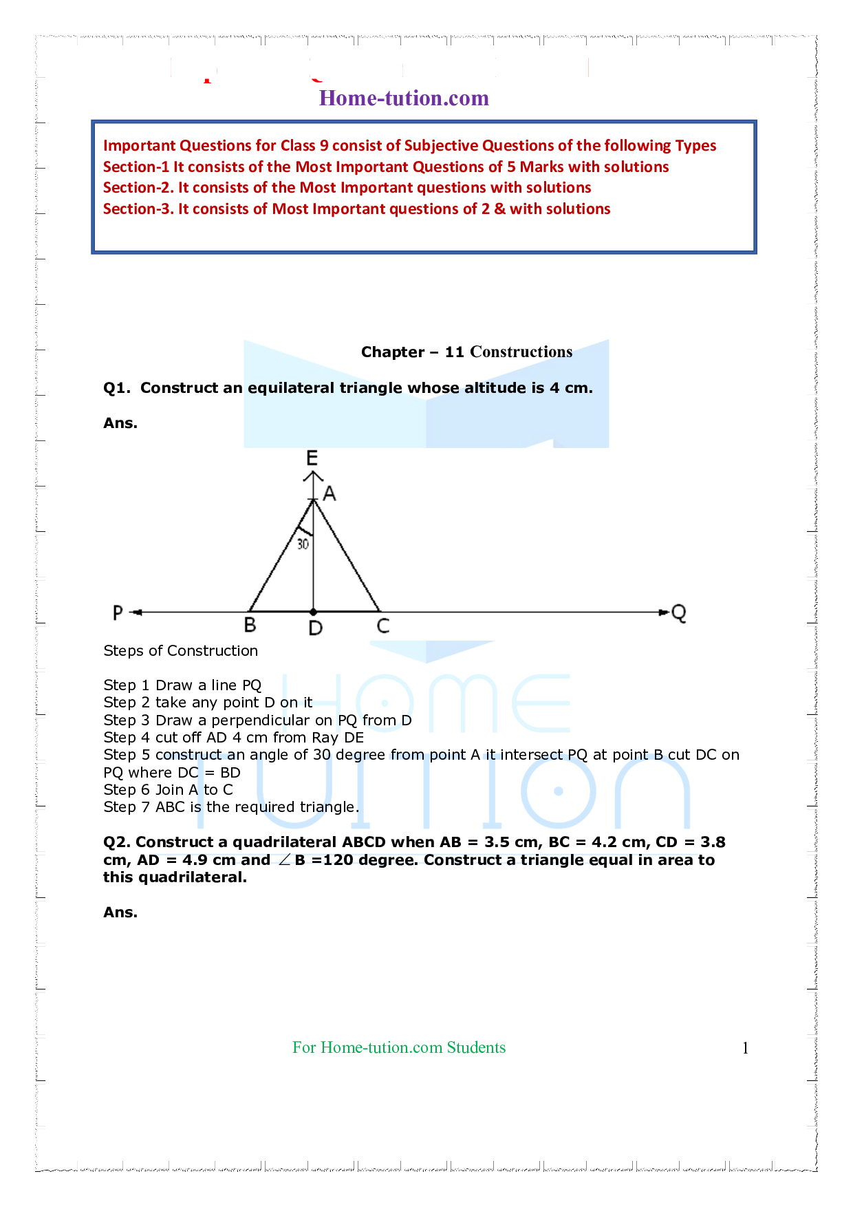 Important Questions For Class 9 Maths Chapter 11 Constructions With 