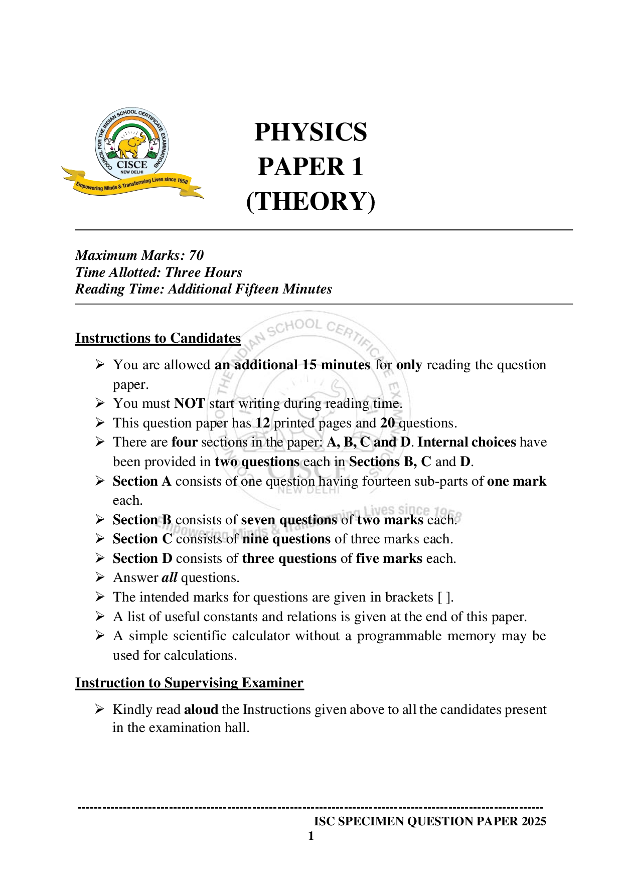 ISE Sample paper for Physics 