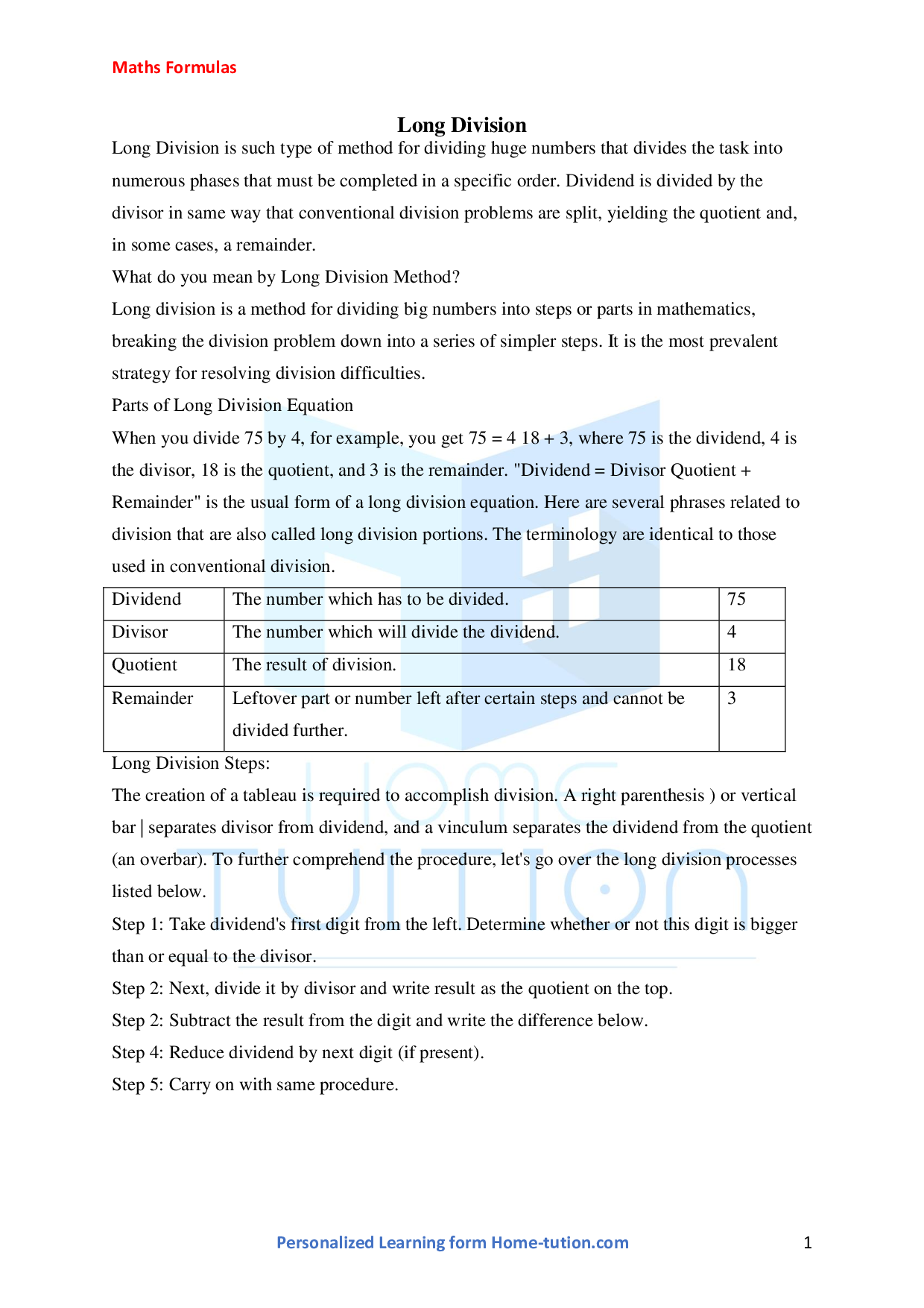 Long Division Formula About Definition Use Solved Examples