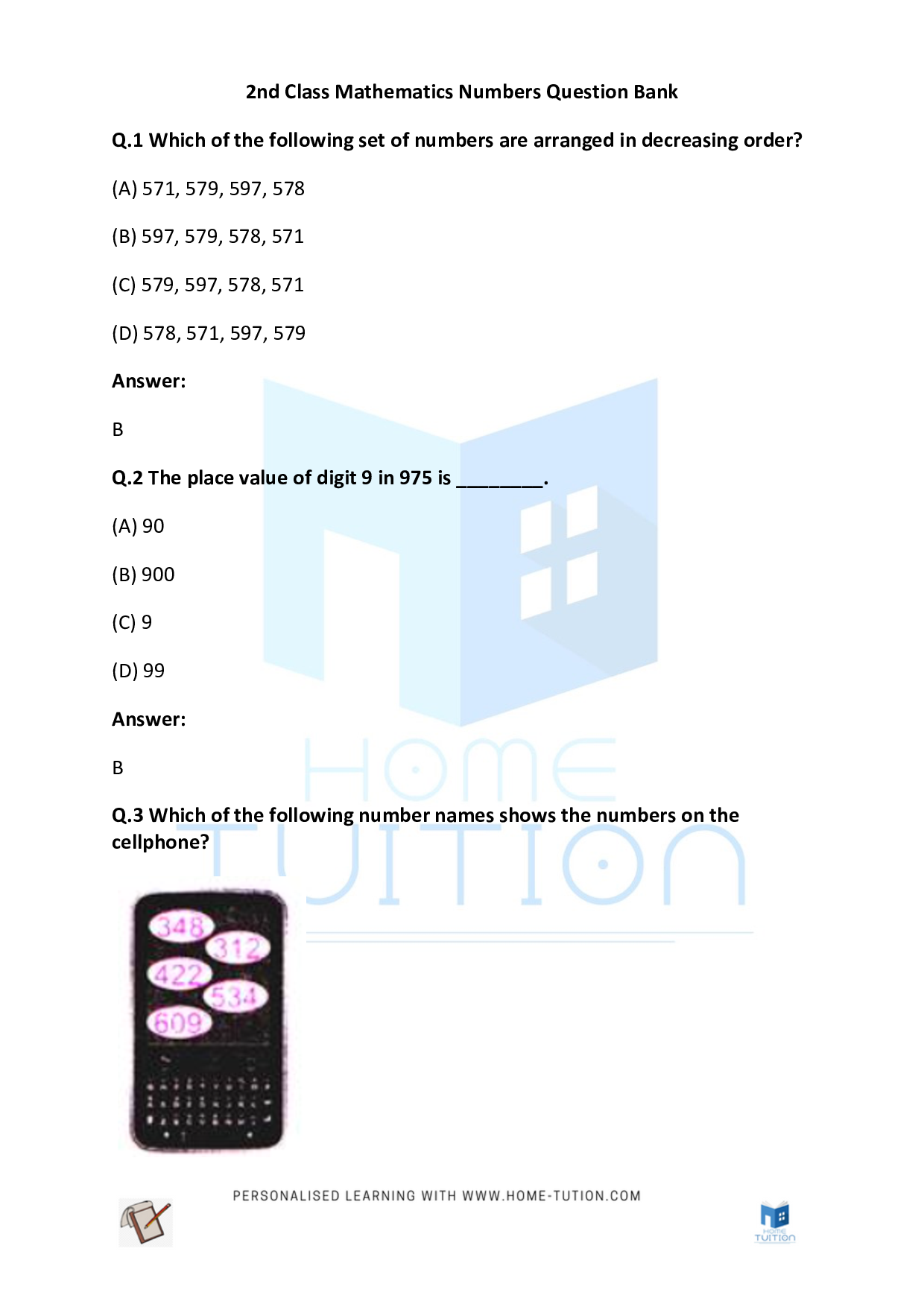 CBSE Printable PDF For Class 2 Maths Numbers Worksheets Home Tution