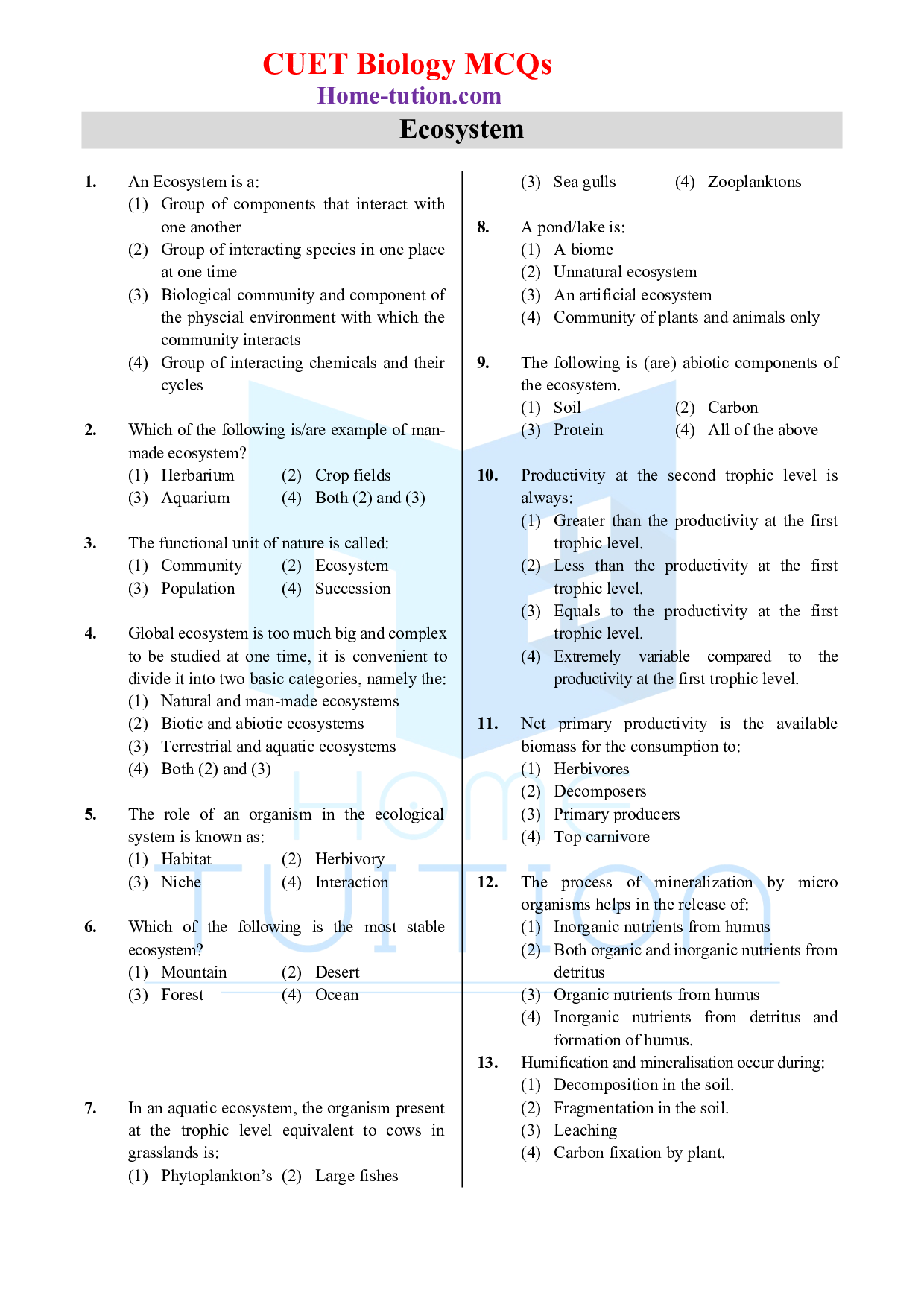 Biology MCQ Questions for CUET Chapter 14 Ecosystem