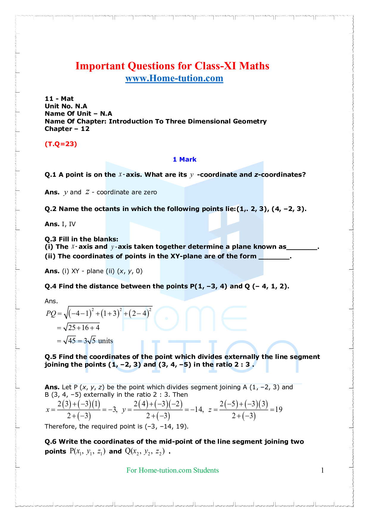 Chapter 12 Introduction to Three-Dimensional Geometry Questions