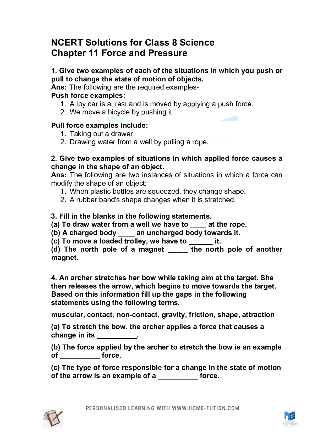 Class 8 Science Chapter 11 Force and Pressure