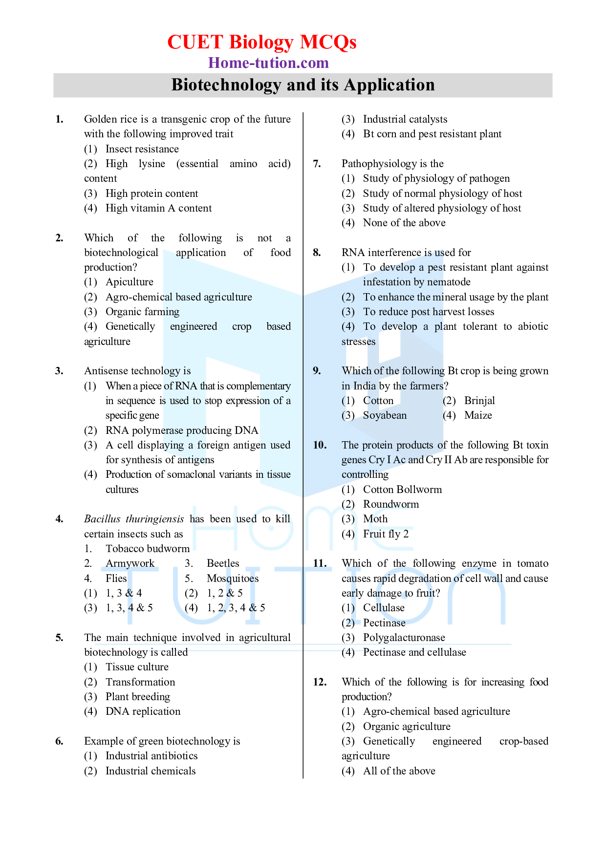 Biology MCQ Questions for CUET Chapter 12 Biotechnology: and its Application