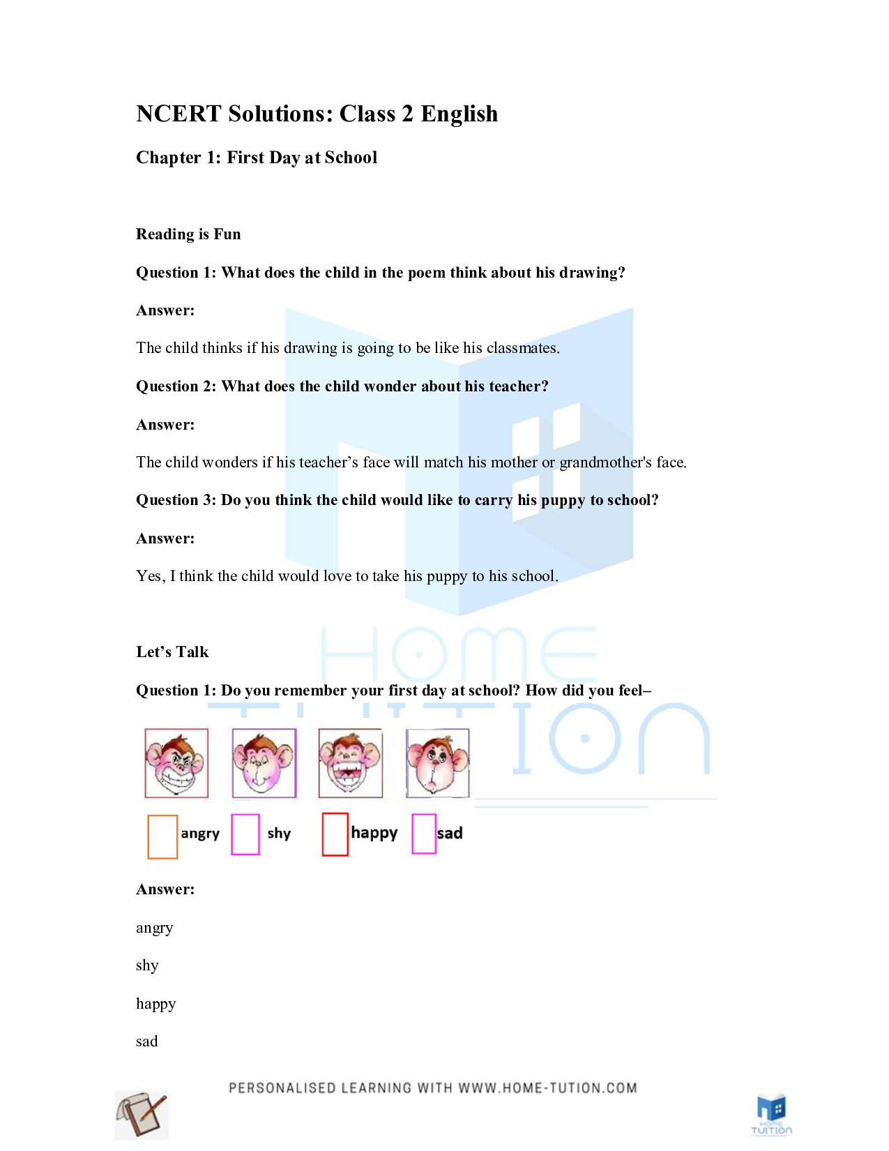 NCERT Solutions for Class 2 English Marigold Chapter 1 First Day at School