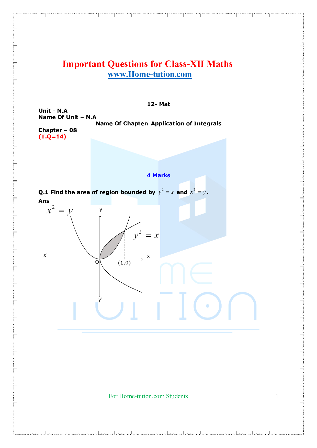 Chapter 8 Applications of Integrals Important Questions