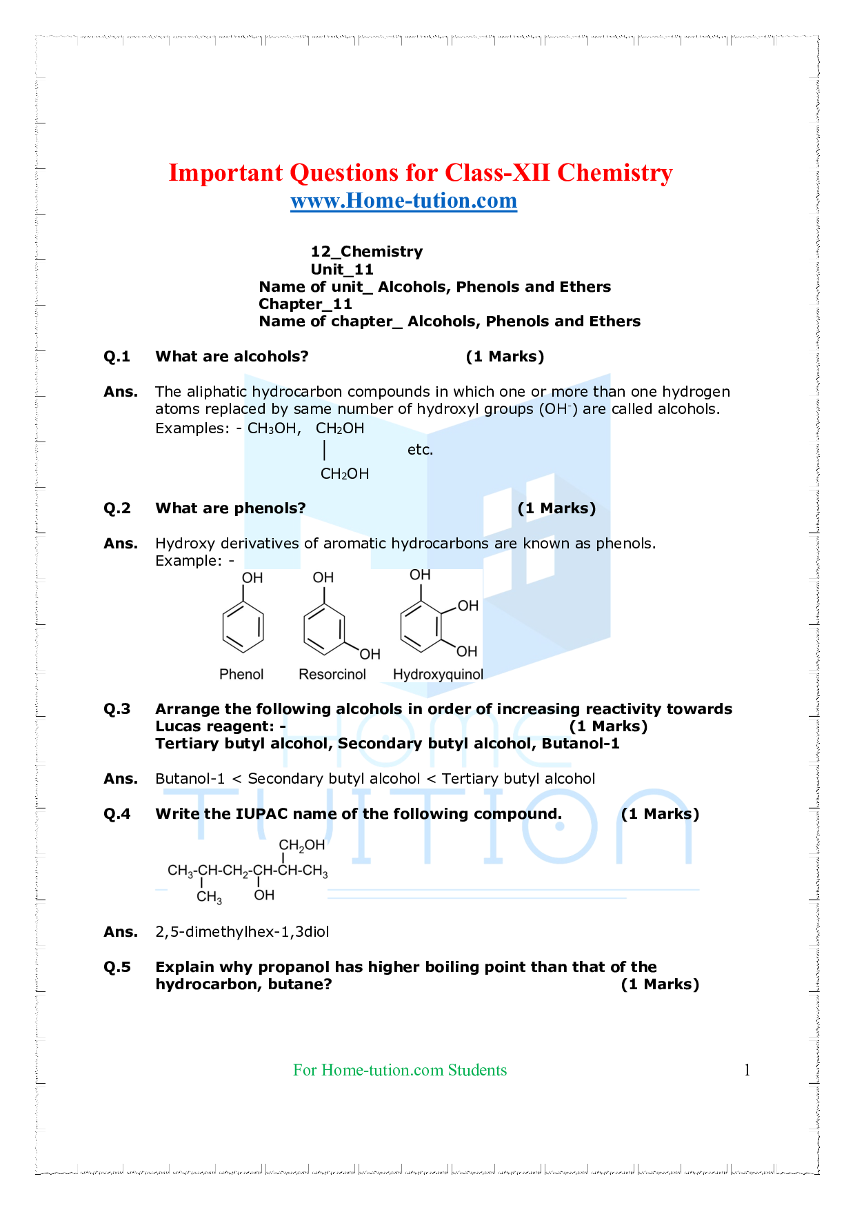 case study questions class 12 chemistry alcohols phenols and ethers