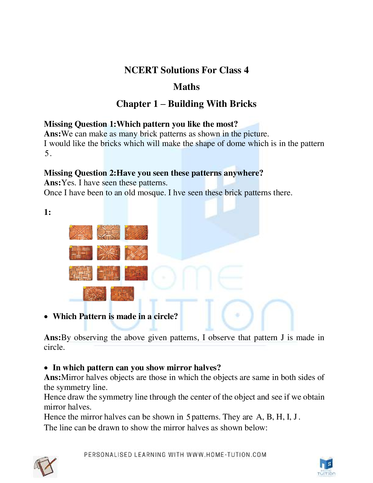 NCERT Class 4 Maths Chapter-1 Building With Bricks
